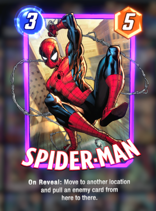 Spider-Man card, posing while swinging with his web