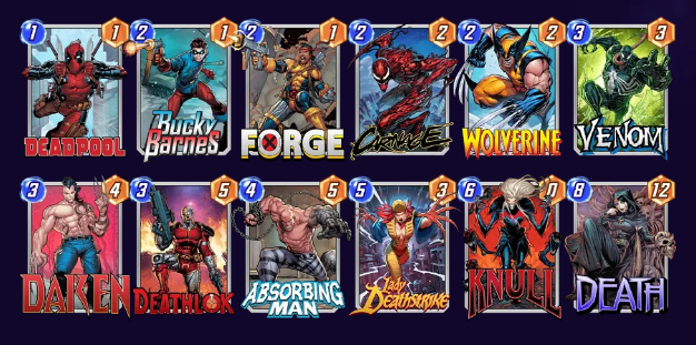 Marvel Snap deck consisting of Deadpool, Bucky Barnes, Forge, Carnage, Wolverine, Venom, Daken, Deathlok, Absorbing Man, Lady Deathstrike, Knull, and Death. 
