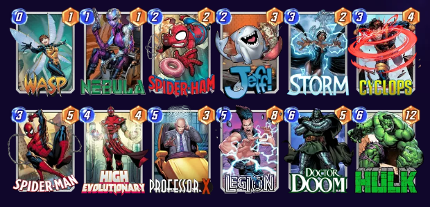 Marvel Snap deck consisting of Wasp, Nebula, Spider-Ham, Jeff, Storm, Cyclops, Spider-Man, High Evolutionary, Professor X, Legion, Doctor Doom, and Hulk. 