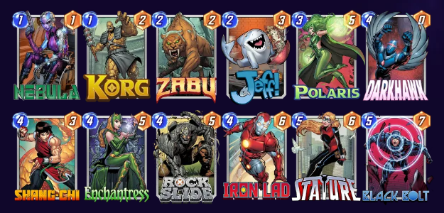 Marvel Snap deck consisting of Nebula, Korg, Zabu, Jeff, Polaris, Darkhawk, Shang-Chi, Enchantress, Rock Slide, Iron Lad, Stature, and Black Bolt. 