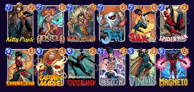 Marvel Snap deck consisting of Kitty Pryde, Angela, Kraven, Jeff, Silk, Spider-Man, Shang-Chi, Captain Marvel, Miles Morales, Legion, Vision, and Magneto.