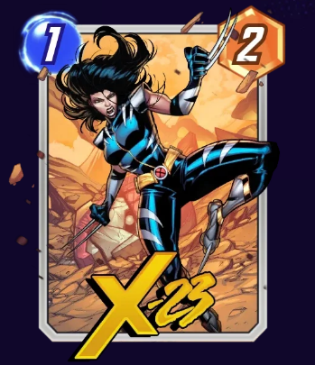 X-23 card, posing with her X-Men costume while jumping off the rocks in Marvel Snap.