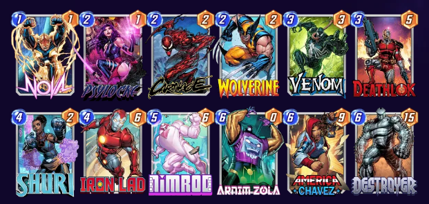 Marvel Snap deck consisting of Nova, Psylocke, Carnage, Wolverine, Venom, Deathlok, Shuri, Iron Lad, Nimrod, Arnim Zola, America Chavez, and Destroyer. 