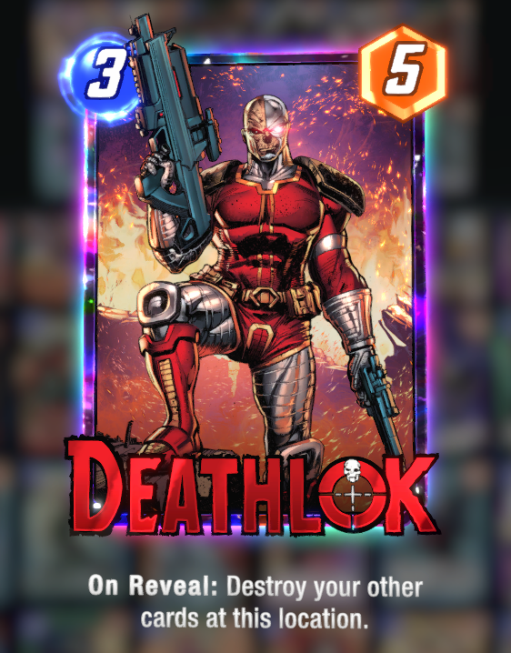Deathlok card, posing with his armored costume and firearms