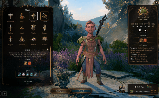 Displays a Halfling Druid in the Baldur's Gate 3 Character Creation menu.