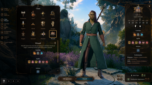 Displays a Half-Orc Wizard in the Baldur's Gate 3 Character Creation menu.