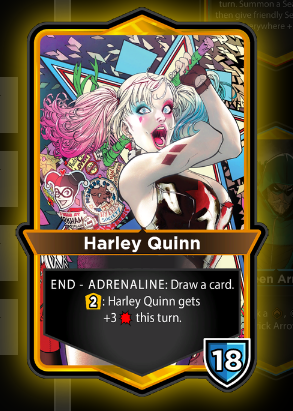 Harley Quinn card, posing with her colorful hammer