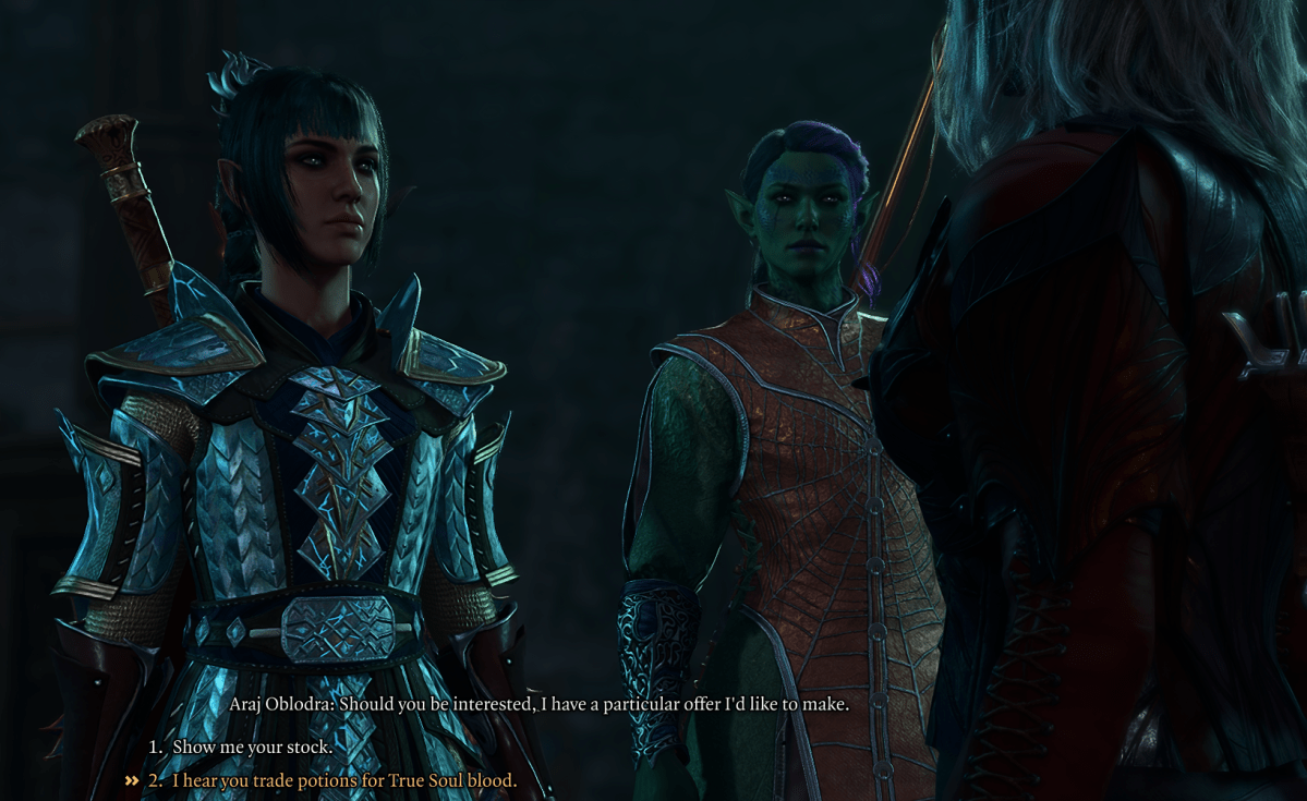 Displays Shadowheart conversing with Araj Oblodra in Baldur's Gate 3.