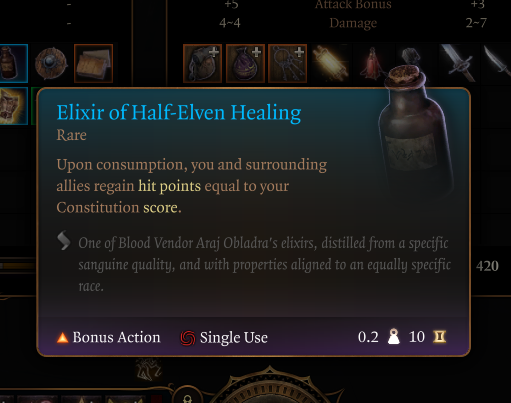 Displays the description for the item "Elixir of Half-Elven Healing" in Baldur's Gate 3.