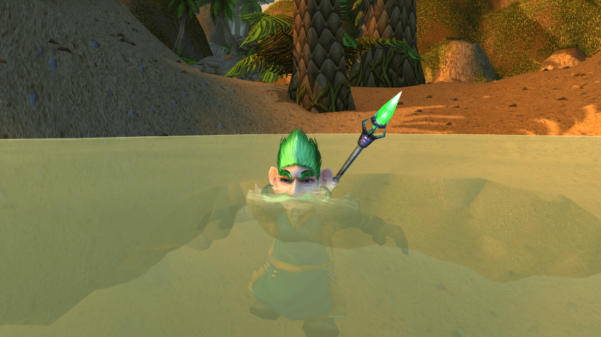 A gnome mage with green hair floats in the water in WoW Classic