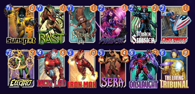 Marvel Snap deck consisting of Sunspot, Bast, Squirrel Girl, Psylocke, Mister Sinister, Patriot, Electro, Iron Lad, Iron Man, Sera, Onslaught, and The Living Tribunal. 