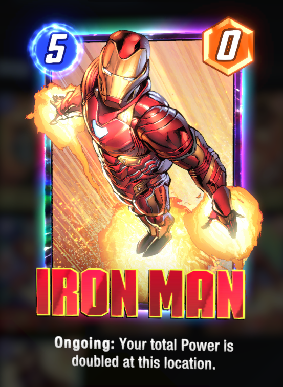 Iron Man card, posing with his boosters while flying 