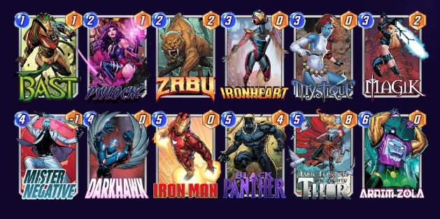 Marvel Snap deck consisting of Bast, Psylocke, Zabu, Ironheart, Mystique, Magik, Mister Negative, Darkhawk, Iron Man, Black Panther, Jane Foster, and Arnim Zola. 