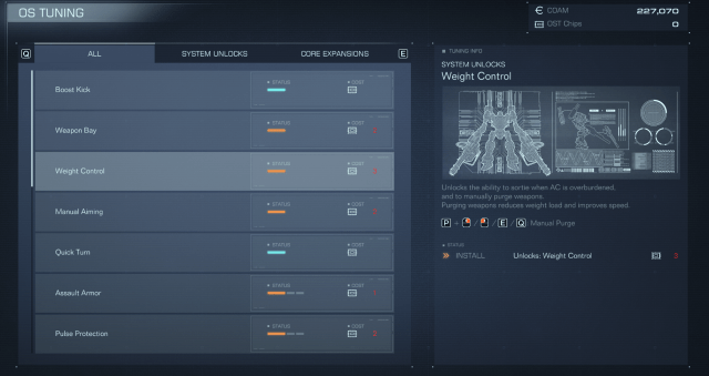 Displays the OS Tuning menu in Armored Core 6, with the Tuning "Weight Control" selected.