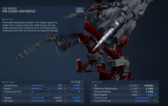 Image displays the Pile Bunker, a melee weapon in Armored Core 6.