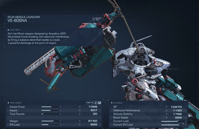 Image displays the Stun Needle Launcher in Armored Core 6.