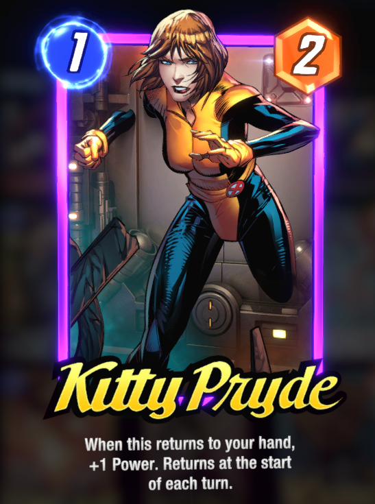 Kitty Pryde card, wearing her classic X-Men costume and making her way through a wall. 