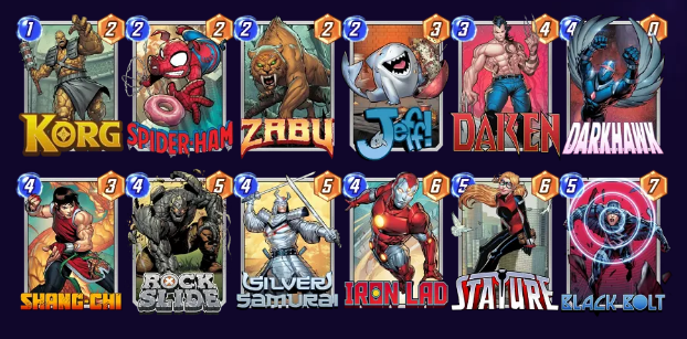 Marvel Snap deck consisting of Korg, Spider-Ham, Zabu, Jeff the Baby Landshark, Daken, Darkhawk, Shang-Chi, Rock Slide, Silver Samurai, Iron Lad, Stature, and Black Bolt. 