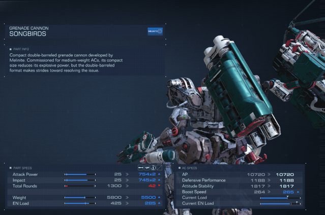 Displays the item stats for the Songbird Grenade Cannon in Armored Core 6.