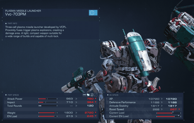Displays the statistics of the Plasma Missile Launcher in Armored Core 6.