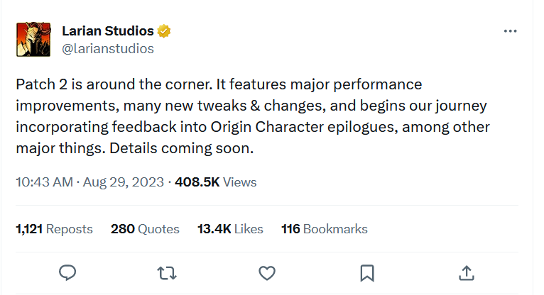 Displays the text of a tweet from Larian Studios that outlines their plan for the next Baldur's Gate 3 patch.