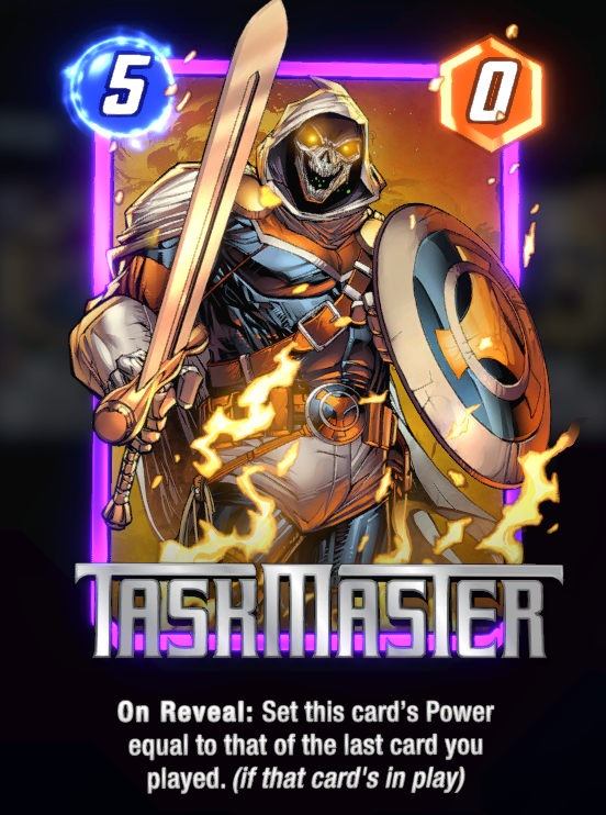 Taskmaster card, holding his sword and shield