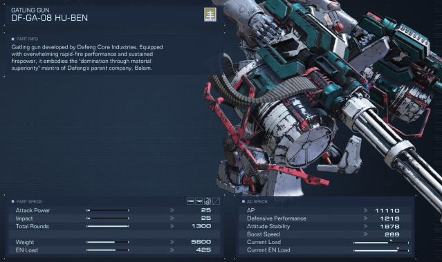 Displays stats for the Gatling gun in Armored Core 6.