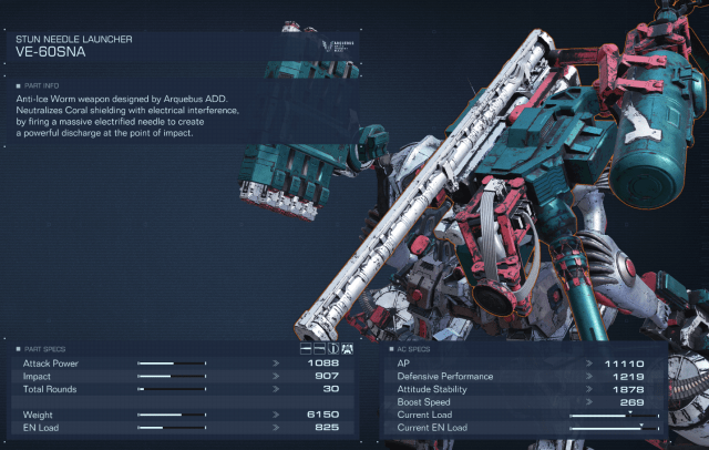 Displays stats for the Stun Needle Launcher in Armored Core 6.