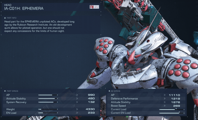 Displays stats for the Ephemera Head in Armored Core 6.