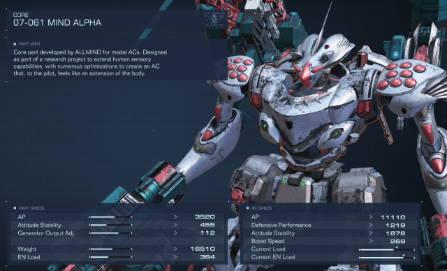 Displays stats for the Mind Alpha Core in Armored Core 6.