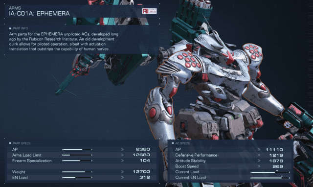 Displays stats for the Ephemera Arms in Armored Core 6.