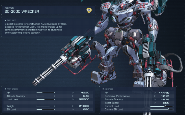 Displays stats for the Wrecker in Armored Core 6.