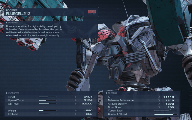 Displays stats for the FLUEGEL Booster in Armored Core 6.