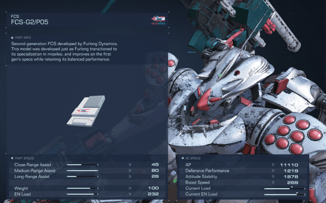 Displays stats for the G2/PO5 FCS in Armored Core 6.