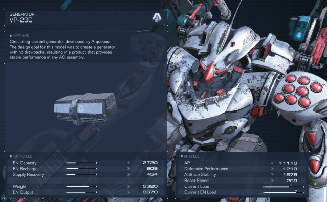 Displays stats for the VP-20C Generator in Armored Core 6.