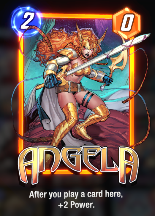Angela card, wielding her sword and blade, with the ability: After you play a card here, +2 Power.