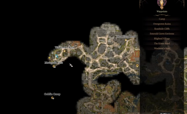Image of the Baldur's Gate 3 map, showing the Mountain Pass just south of Waukeen's Rest.