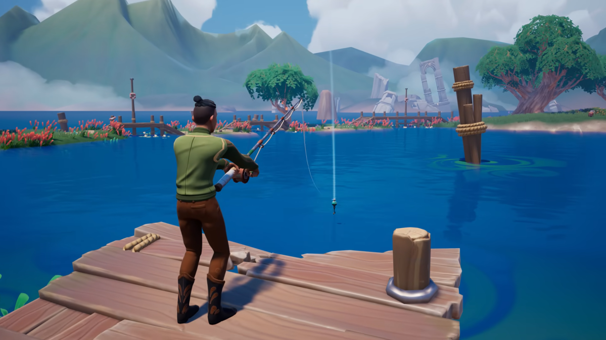 A character in Palia with their back to the camera casting a fishing rod off the end of a dock into a deep blue lake with mountains in the background.