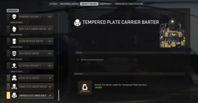 A screenshot of the bounty board menu in DMZ, with the Tempered Plate Carrier vest recipe unlock screen displayed.