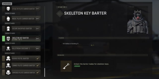 A screenshot of the unlock requirements for the Skeleton Key in DMZ.