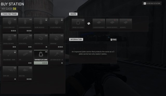 A screenshot of a Buy Station Barter menu with the recipe of the Tempered Plate Carrier vest shown in DMZ.