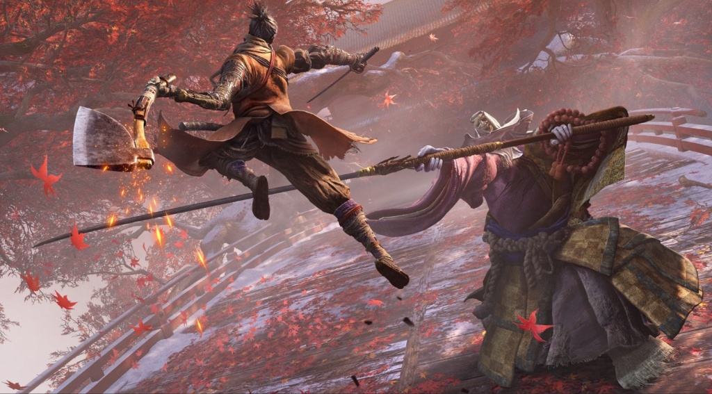 Sekiro rearing up his weapon to strike down his enemy, the Corrupted Monk Second Form