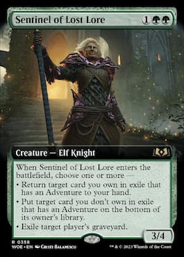 Image of elf standing in front of doorway through MTG Sentinel of Lost Lore Wilds of Eldraine set