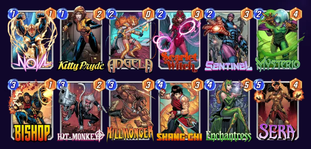 Marvel Snap deck consisting of Nova, Kitty Pryde, Angela, Scarlet Witch, Sentinel, Mysterio, Bishop, Hit-Monkey, Killmonger, Shang-Chi, Enchantress, and Sera. 