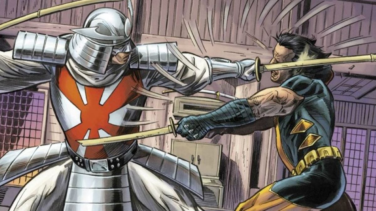 Silver Samurai, wearing his shiny metallic armor while fighting Wolverine in the comics