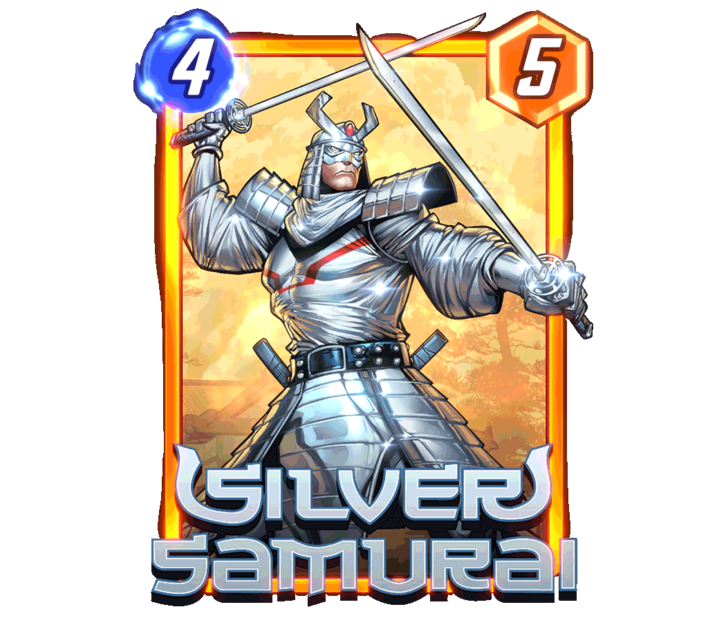 Silver Samurai card, posing with his metallic armor and swords