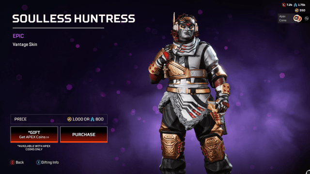 The Soulless Huntress Vantage skin, a white and grey skin with gold and red accents, along with grey detailing on Vantage's face.