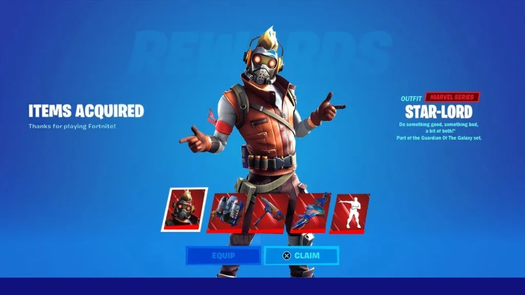 Star Lord is shown shooting finger guns in the center with his items shown below him.