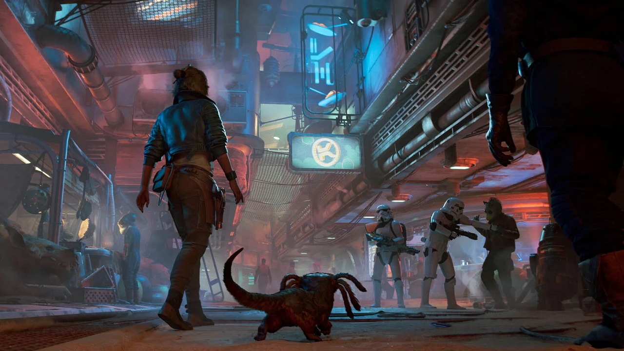 There is a character and her pet walking away, while stormtroopers guard the area ahead. There are droids, a seedy market, and lit signs all around. 