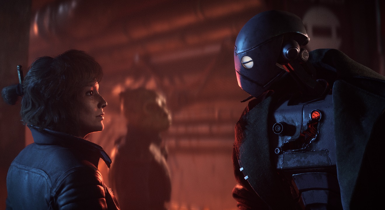 There are two characters looking at each other. One is a human, the other is a droid that is damaged.